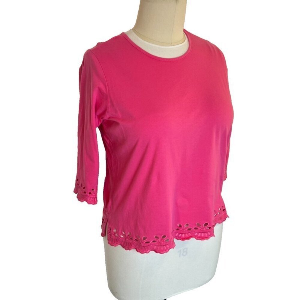Women's XL Anthony's Blouse Pink Eyelet Embroidered Trim 3/4 Sleeve Boat Neck